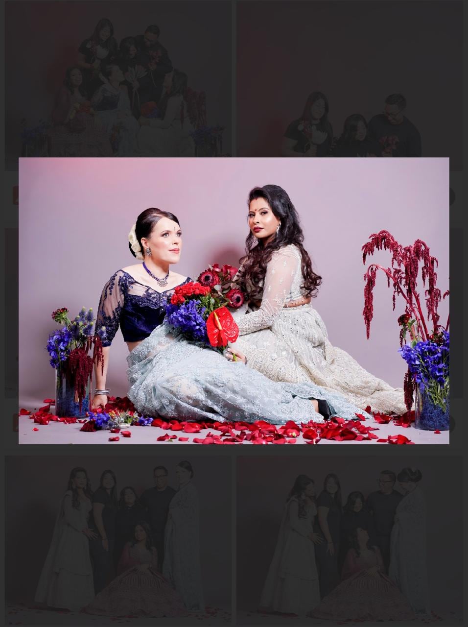 Two models styled with florals against a rose-pink backdrop